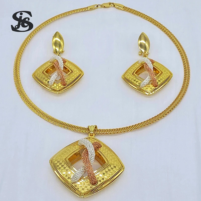 

Italy New Fashion Jewelry Multicolor Square Shaped Set Women Earrings Necklace For Wedding Party Anniversary Gift