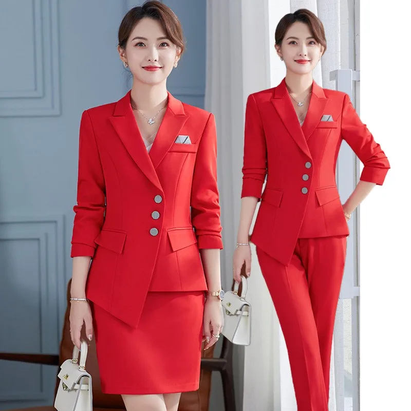 

Женский деловой костюм из двух предметов, Красный Блейзер и юбка, офисная униформа, костюм для работы, весна-осень, 5XL