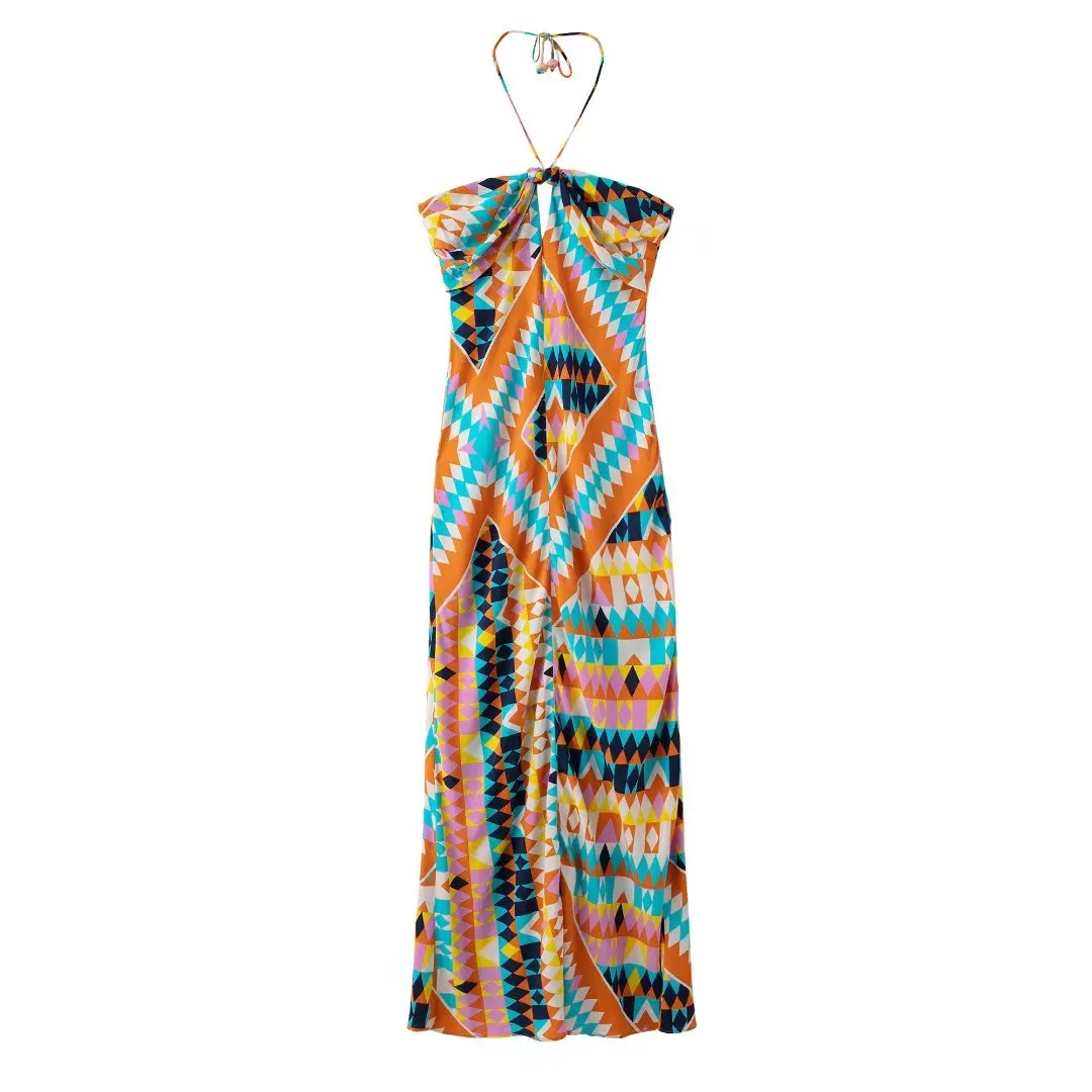 

A.D.EAST-Women Printed Halterneck Long Dress Summer Sexy Backless Beach Resort Style Fashion Elegant Dress-L15Q857753