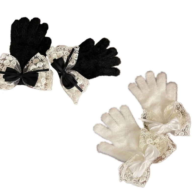 

Y2K Bow Winter Warm Gloves Furry Full Finger Gloves with Elegant Lace Cold Weather Insulated Outdoor