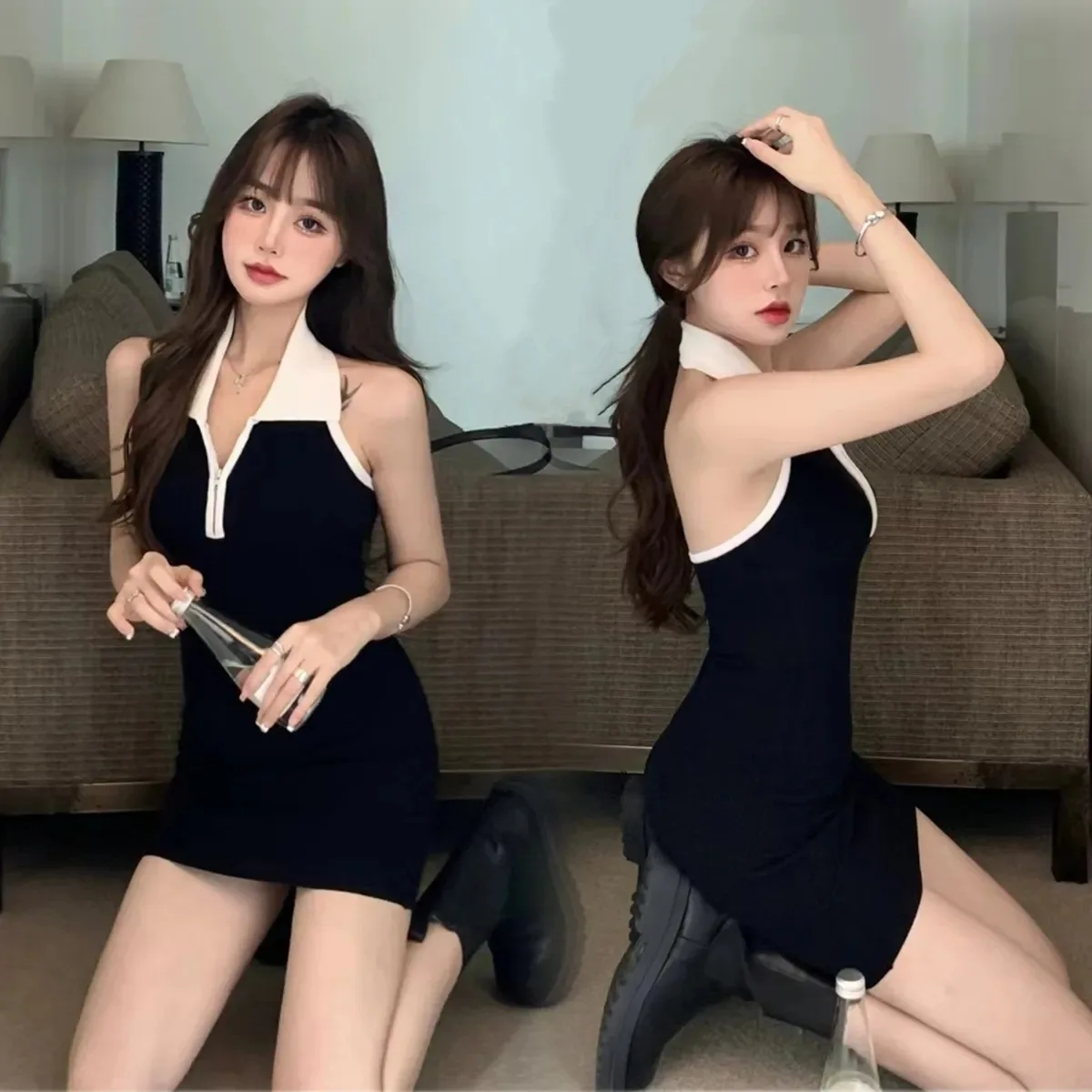 

2023 французское платье-поло Pure Desire Spice для девочек с подвесным воротником, детское дизайнерское нишевое летнее маленькое черное платье, шика...