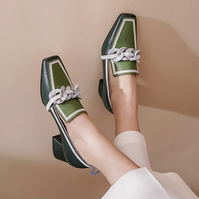 

Женские туфли-лодочки на массивном каблуке, Летние кожаные лоферы без застежки на среднем каблуке, повседневные винтажные Роскошные туфли с квадратным носком, женские Костюмные туфли, 2023