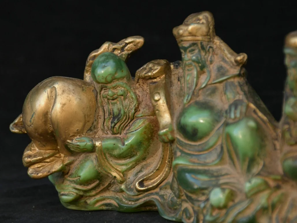 6 дюймов старый зеленый нефрит позолоченная резьба 3 долголетия Бог Фу Лу Шоу