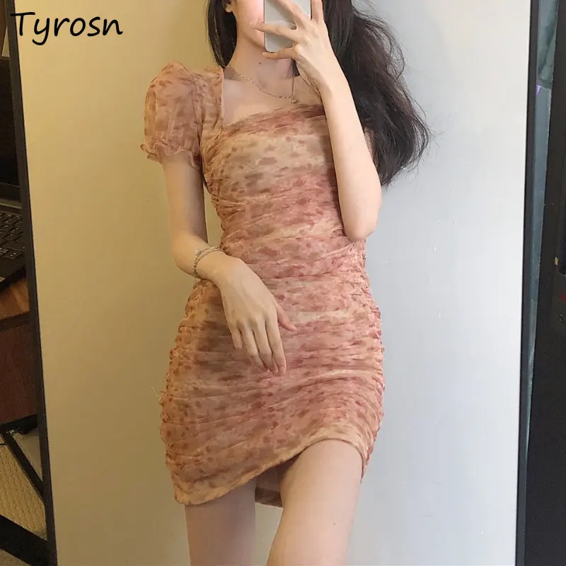 

Мини-Платья Женские приталенные милые пикантные дизайнерские уличные модные платья для девушек в складку простые цветочные платья Ulzzang Летние Повседневные платья с пышными рукавами