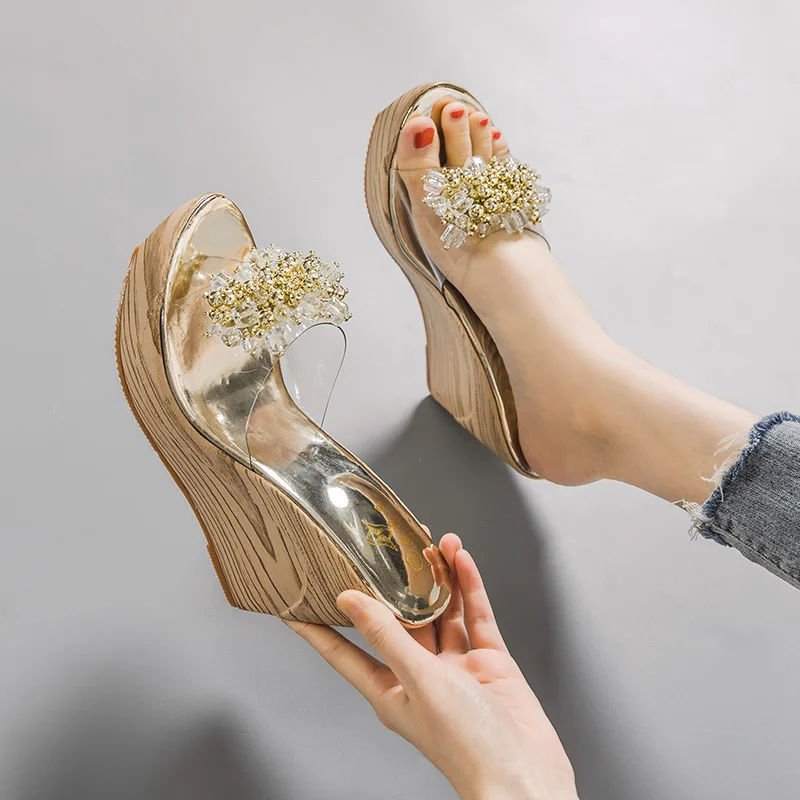 

Summer Rhinestone Flower Wedge Heel Sandals Fashion Sexy Outdoor Transparent Platform Women's High Heels