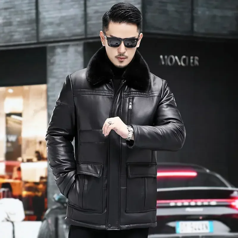 Мужской кожаный пуховик куртка средней длины из овчины натуральной кожи для папы