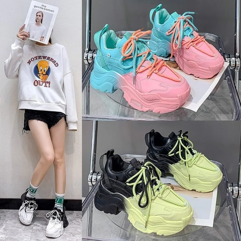 

2021 autumn and winter new fashion comfortable lace-up muffin thick bottom moving color matching old shoes female trend