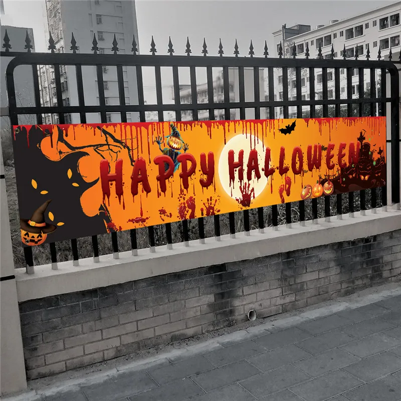 

Happy Halloween Banner 250cm Long Hanging Banner with Scary Pumpkin Bloody Hand Footprint Bats for Yard Halloween Party Decor