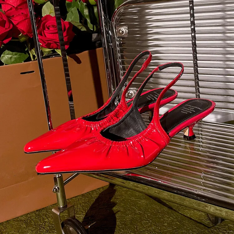 

Vintage Red Patent Leather Women Slingback Pumps Sexy Pointed Toe Shallow Prom Party Sandalias Black Kitten Heels Summer Sandals