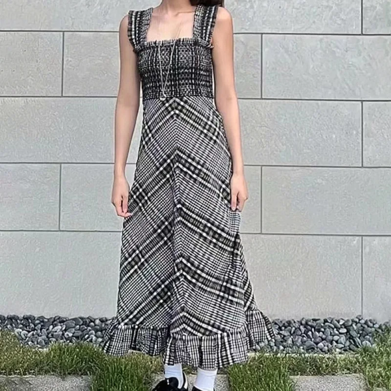 

Women's Plaid Print Sleeveless Midi Dress Ruffled 2022 Autumn New Ladies Sexy Off-the-shoulder Slim Fit Pleated A-Line Robe