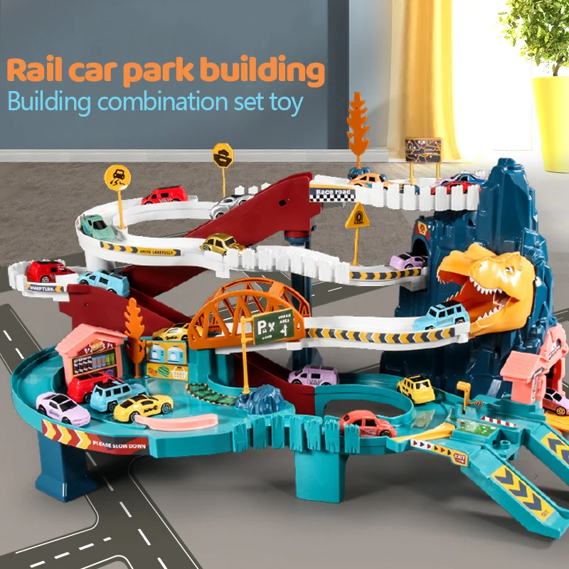 

Rail Car Dinosaur Curved Road Car Track Parking Lot Building Block Set Toy Car Building Block Parking Lot Children's Gift