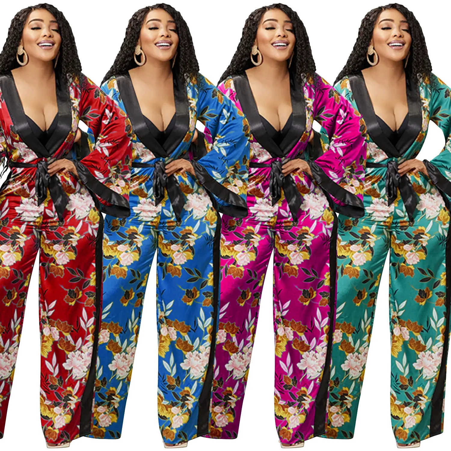 

With Sashes Deep V Neck Flare Sleeved Rompers Womens Jumpsuit Flower Floral Printed Overalls Wide Leg Pants Loose Back Zipper
