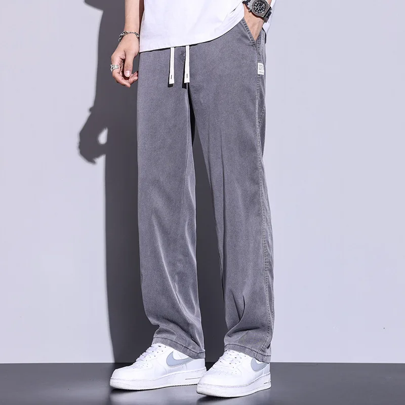 Men's Lyocell Fabric Summer Jeans Straight Tube Loose Thin Belt Drawstring Elastic Waist Drop Feeling Ice Silk Pants, Large Size