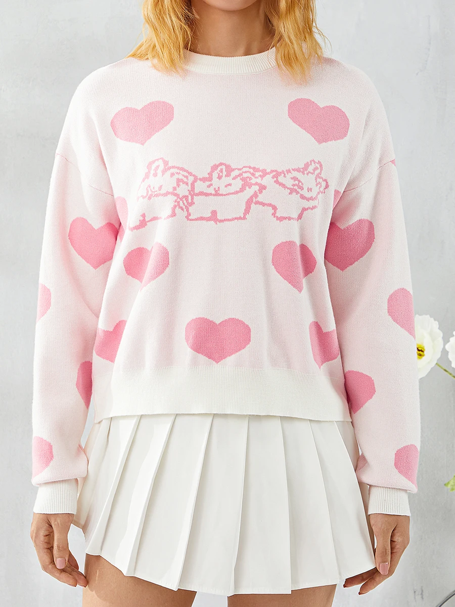 

Women Rabbit Print Oversized Sweaters Loose Fairy Grunge Y2k V Neck Long Sleeve Knit Pullover Harajuku Prepply Jumpers Top