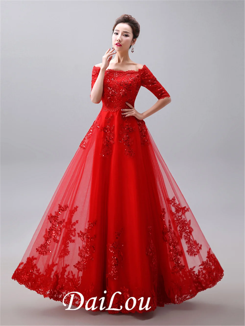 

Half Sleeves Off the Shoulder Appliques Long Red Evening Dress Evening Gowns Prom Party Formal Dresses robe de soriee 2022