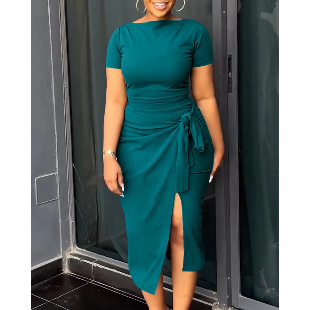 Summer Women Slash Neck Short Sleeve Crop Top & High Waist Hem Split Lace up Skirts Set Causal Streetwear New In Suit 2023 y2k