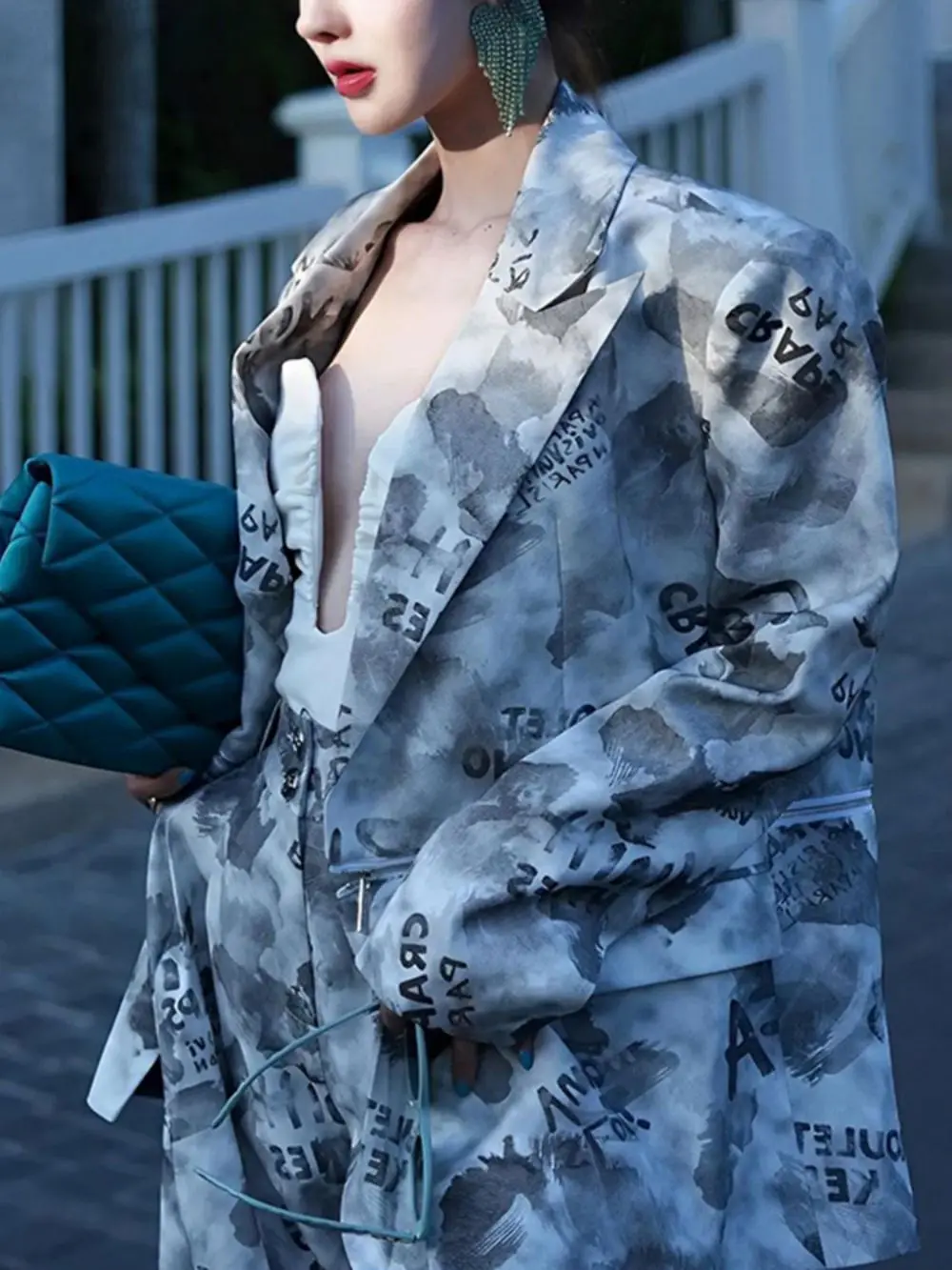 Hit Color Print Blazers For Women Notched Collar Long Sleeve Patchworks Pocket Loose Casual Suits Jacket Female Fashion Clothing