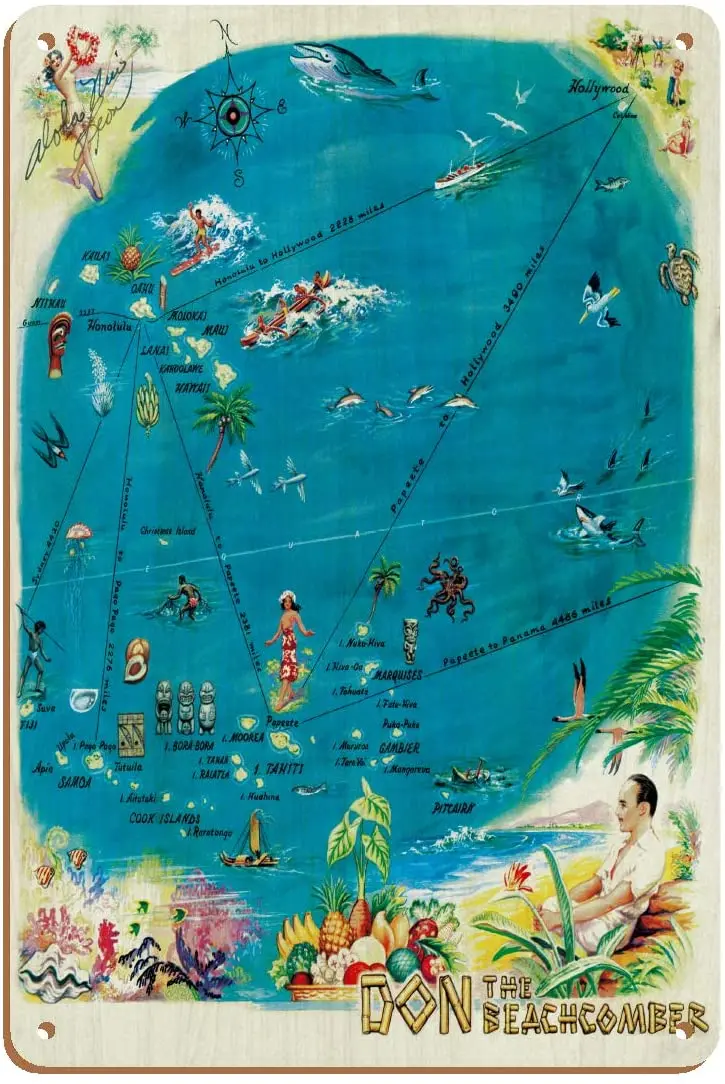 

Map of The Polynesian Islands - Don The Beachcomber Tiki Bar and Restaurant - Vintage Hawaiian Menu Cover c 1959 Vintage Wood