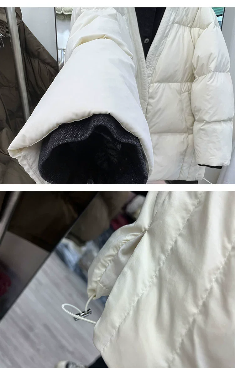 Fashion 2023 Winter Women's New Long Down Jacket, Fake Two-piece Casual Denim Splicing V-Neck Thick White Duck Down Coat