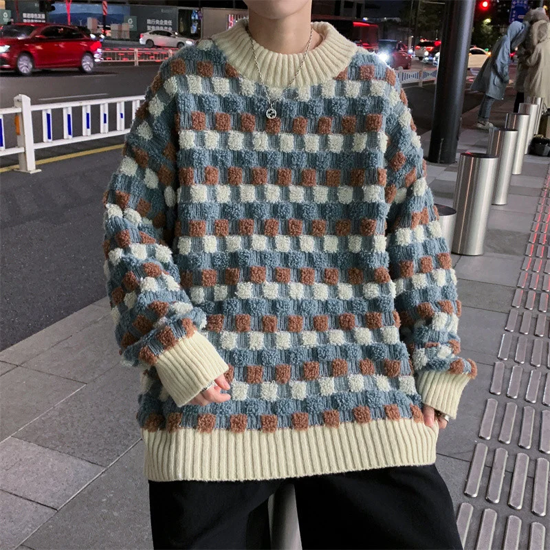 

Осенний свитер в клетку с круглым вырезом, Мужской трикотажный теплый пуловер, винтажный топ в Корейском стиле с длинными рукавами