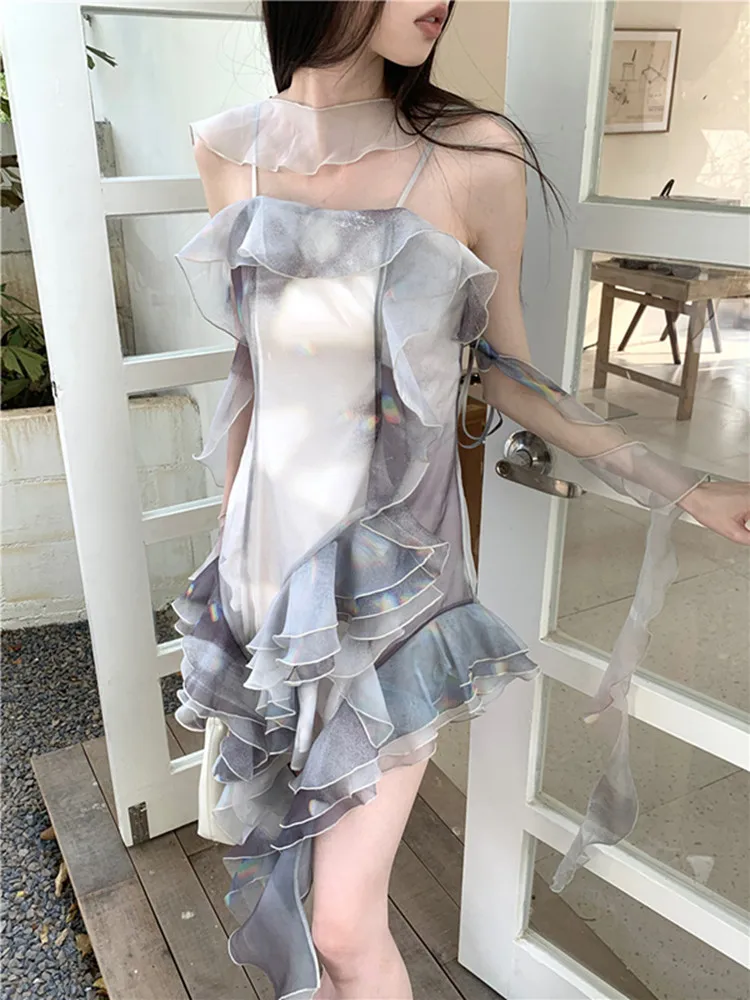 

Оригинальное дизайнерское летнее праздничное мини-платье DALMAZZO с сетчатым принтом, женское платье с вырезом лодочкой, бретельками-спагетти и оборками, новинка 2023