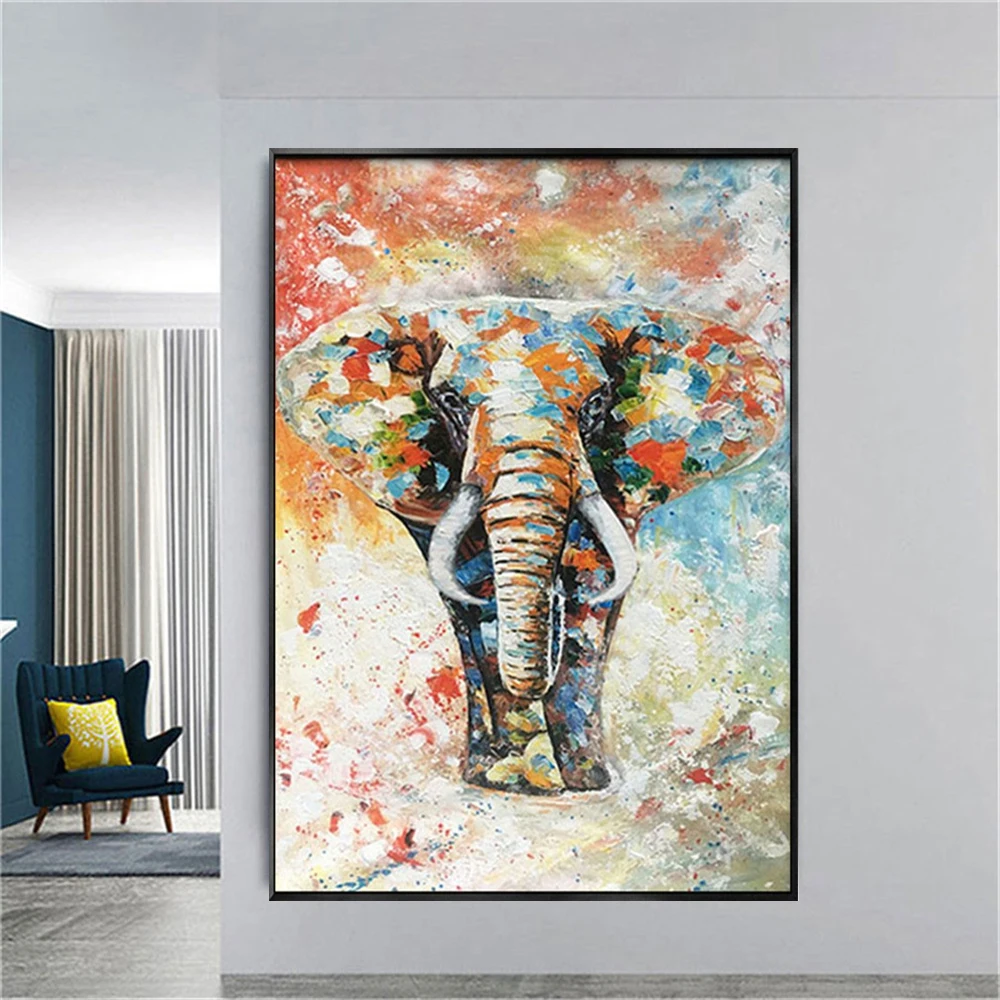 

Современный декор для гостиной, плакат 100%, расписанные вручную Масляные картины, животные, африканский слон, красочная текстура, холст, карт...