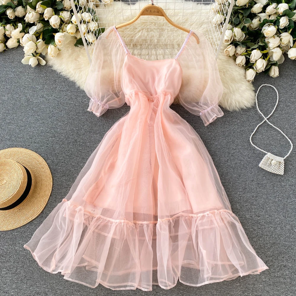 

Women New Fashion Summer Square Neck Holiday Retro Short Sleeve Mesh A-line Dress Korean Clothing Vestidos De Mujer E847