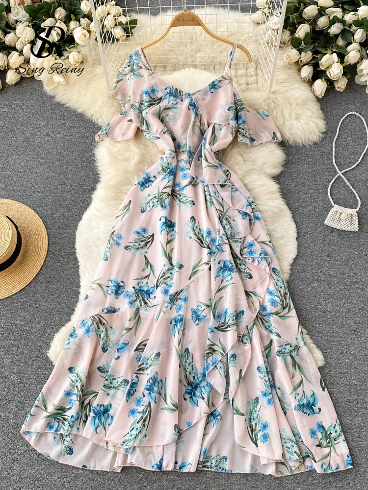 Женское шифоновое длинное платье с принтом SINGREINY летнее пляжное v-образным