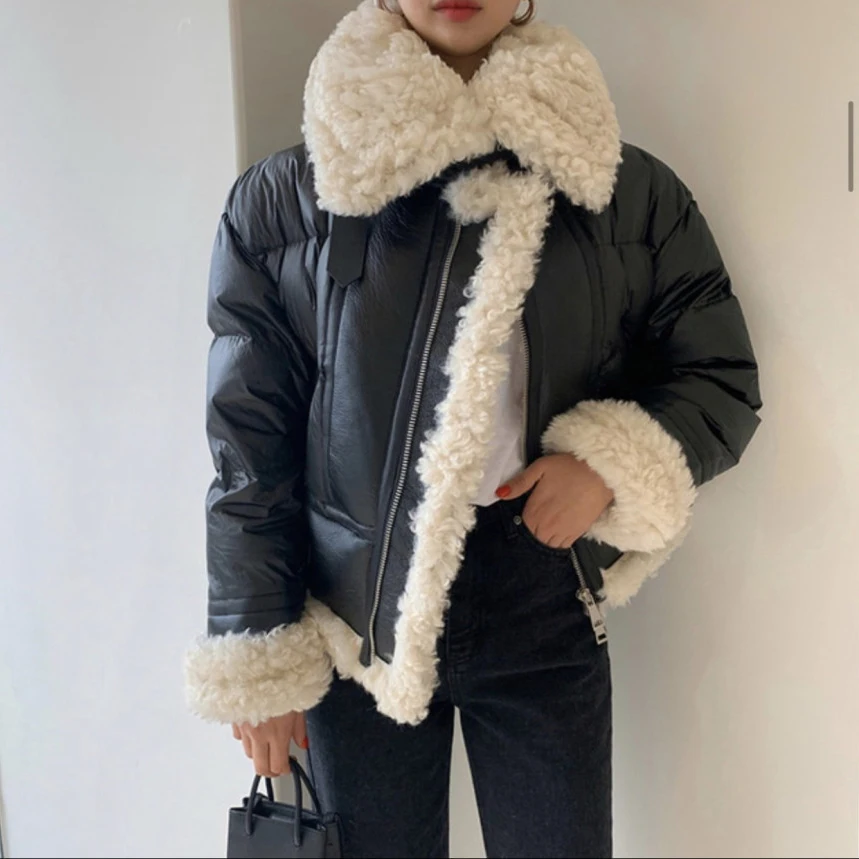 Women Fashion Lapel Lambswool Coat Short Jacket Winter Elegant Female Fleece Warm Thick Chic Down Jacket Puffer Jacket Outerwear