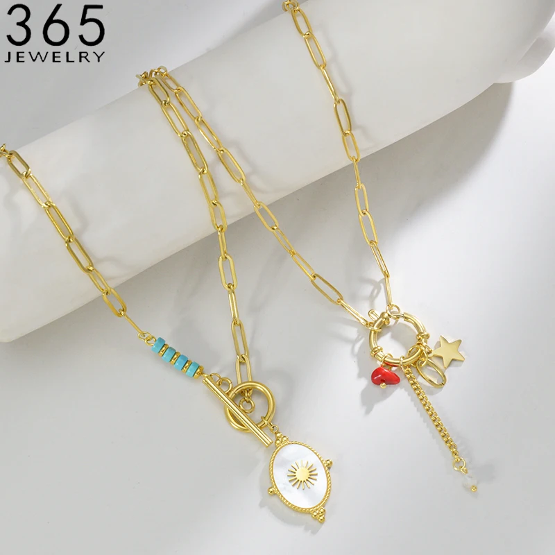 

New OT Buckle Gold Color Stainless Steel Necklace Star Sun Pendant Chain Necklaces for Women Wedding Anniversary Gifts Jewelry