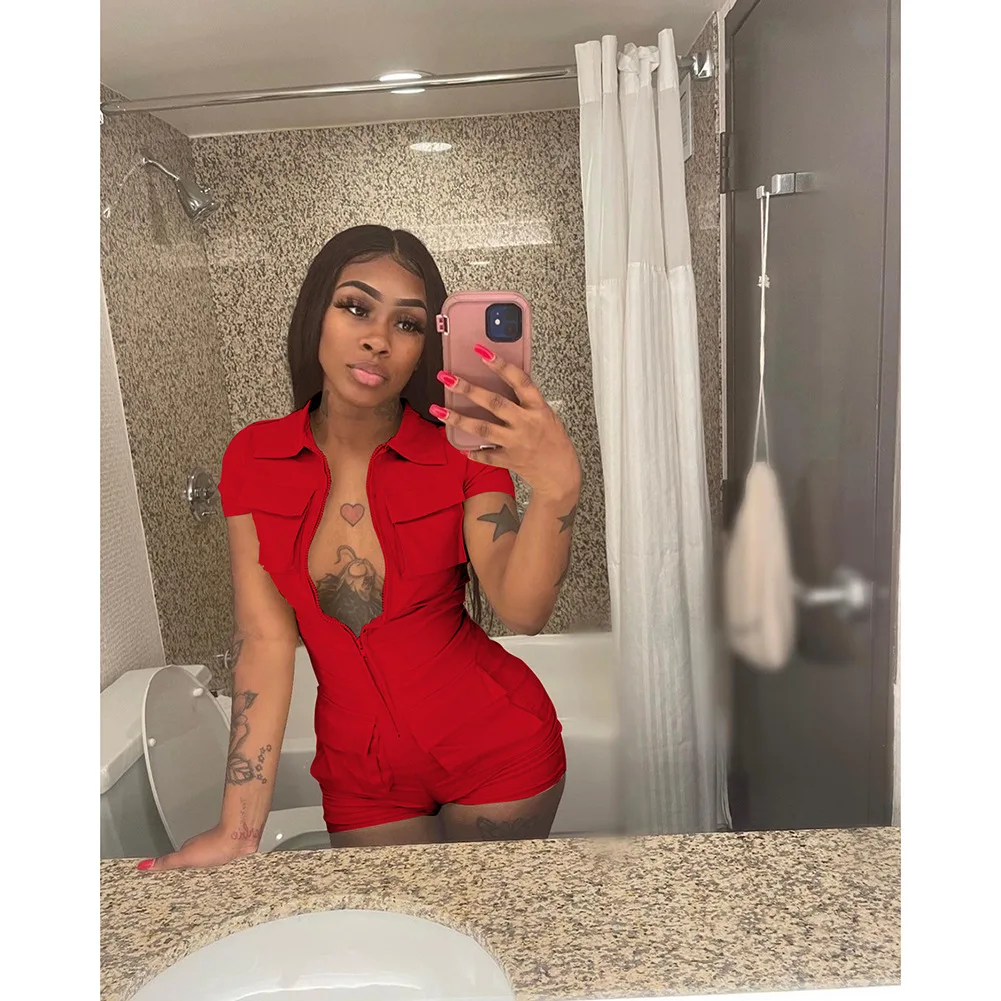 

2022 Summer Casual Playsuit Women Fashion Short Sleeve Button Skinny Bodycon Slim Female Rompers Women Jumpsuits
