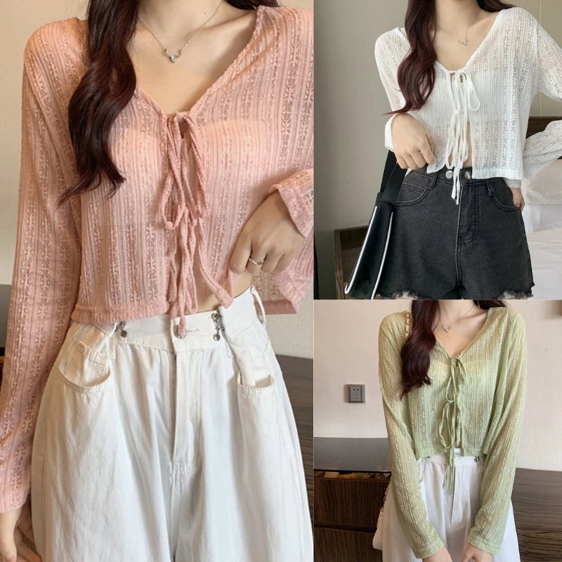 

New style Lace Bow Ruffle Cardigan Shirt Female Blouse Tops Girls Covers Blusa Lace Shirt
