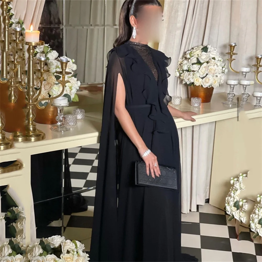 

MINGLAN Black O Neck Short Sleeve Pleat Sequined Evening Dress Floor Length Sweep Train Backless Elegant Prom Gown New In 2023