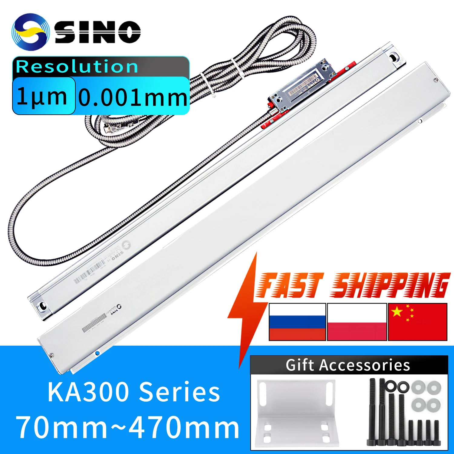 

【1U】SINO Длина хода 170 220 270 370 470 520 мм Высокоточные линейные весы 0,001 мм KA300 1 мкм 5 В TTL Оптическая линейка Шкала токарного станка