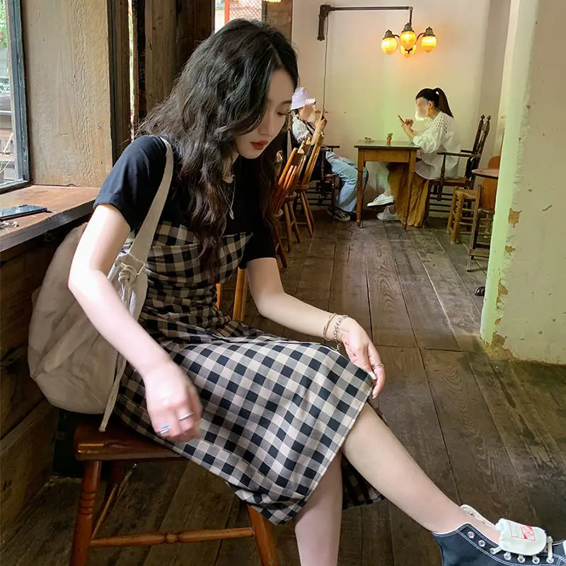 

2022 Summer Retro High-end Stitching Plaid Dress Waist A-line Long Dress Vacation Dating Commuter Women's Clothing Party Banquet