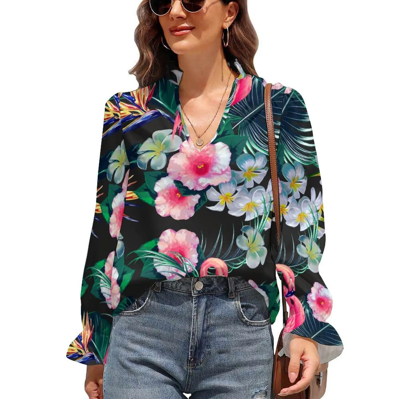 

Forest Palm Leaves Chiffon Blouse Floral and Flamingo Print Kawaii Blouses Women Korean Fashion Shirt Summer V Neck Graphic Tops