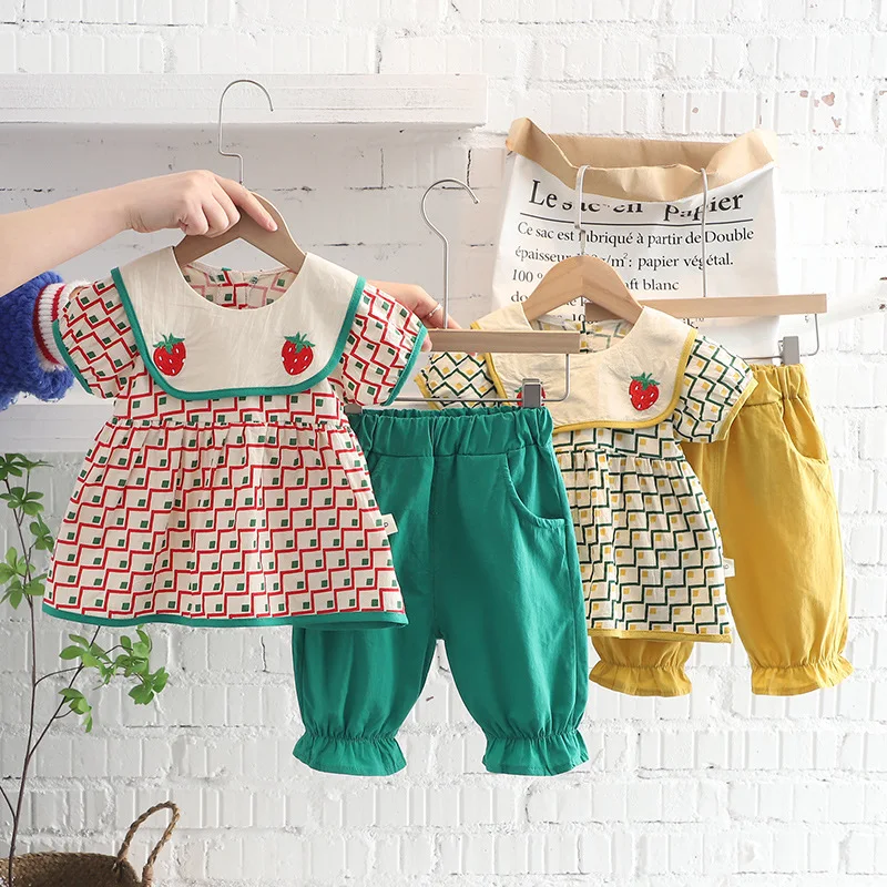 

2022 Summer New Girl's Lapel Dress Short Sleeve Set Girl's Baby Casual Pants Two-piece Set Fashion Girls Clothing Set