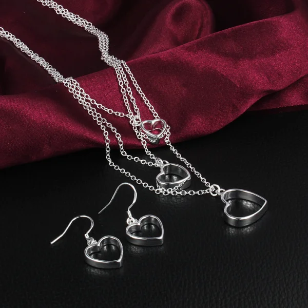 

925 sterling Silver Love Heart necklace earrings Jewelry set for women charm classic wedding Party wedding accessories Gifts