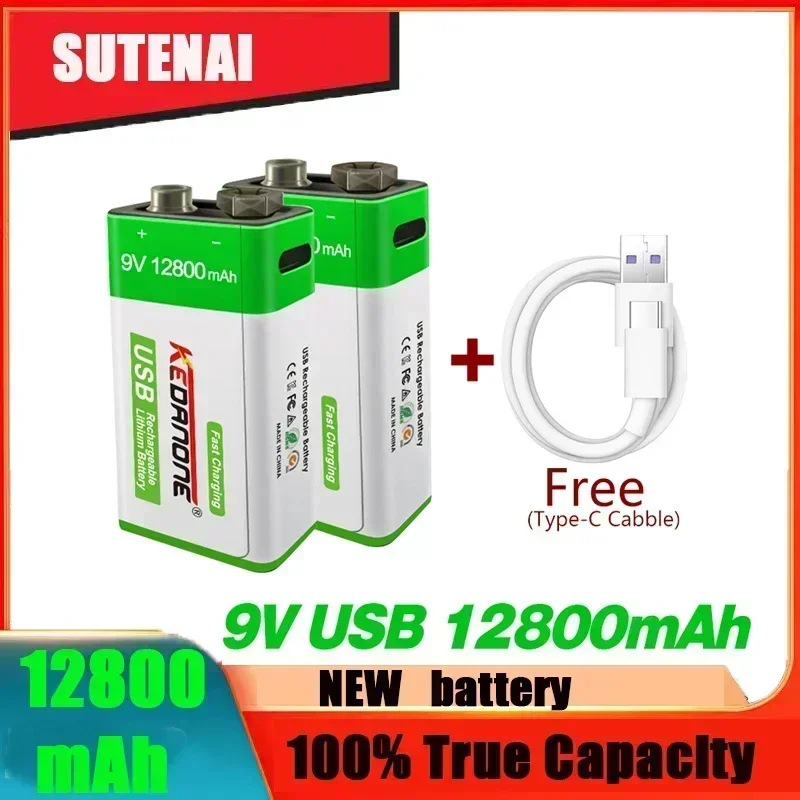 12800 мАч Type-C USB 9-вольтовая литий-ионная аккумуляторная батарея 6F22 9 В для