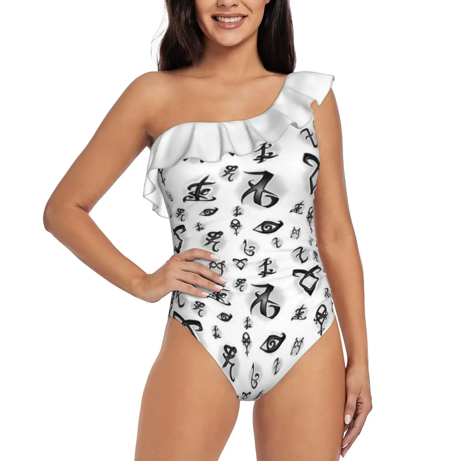 

Shadowhunters Rune'S. The Mortal Instruments One Shoulder Ruffle Swimsuit Print Swimwear Female One Piece Monokini Bathing Suit