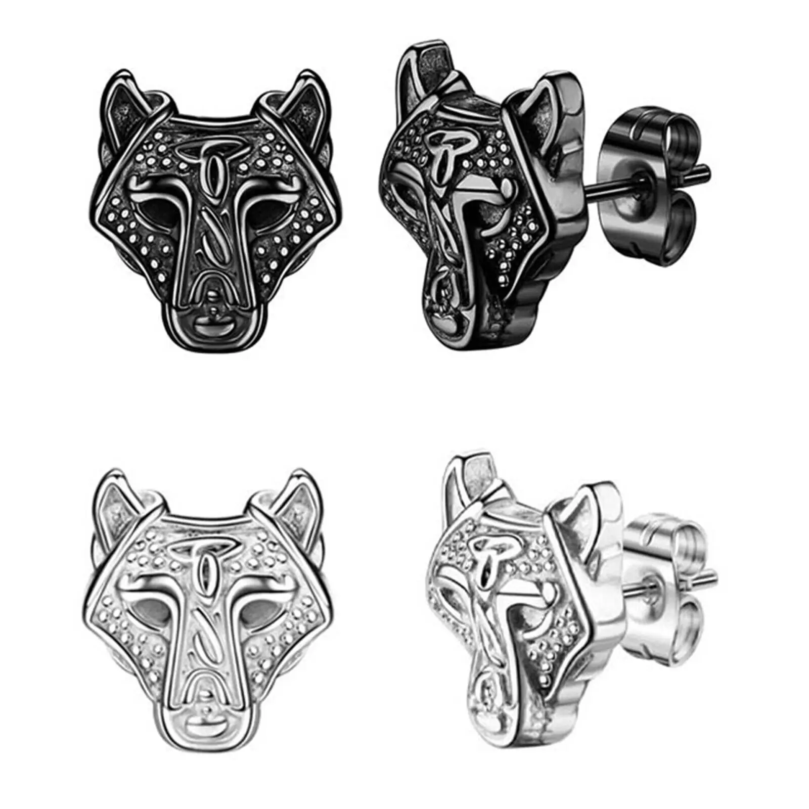 

Boniskiss 4pcs Punk Norse Viking Runes Fenrir Wolf Head Amulet Earrings Hip Hop Stainless Steel Stud 20G for Men Women Unisex