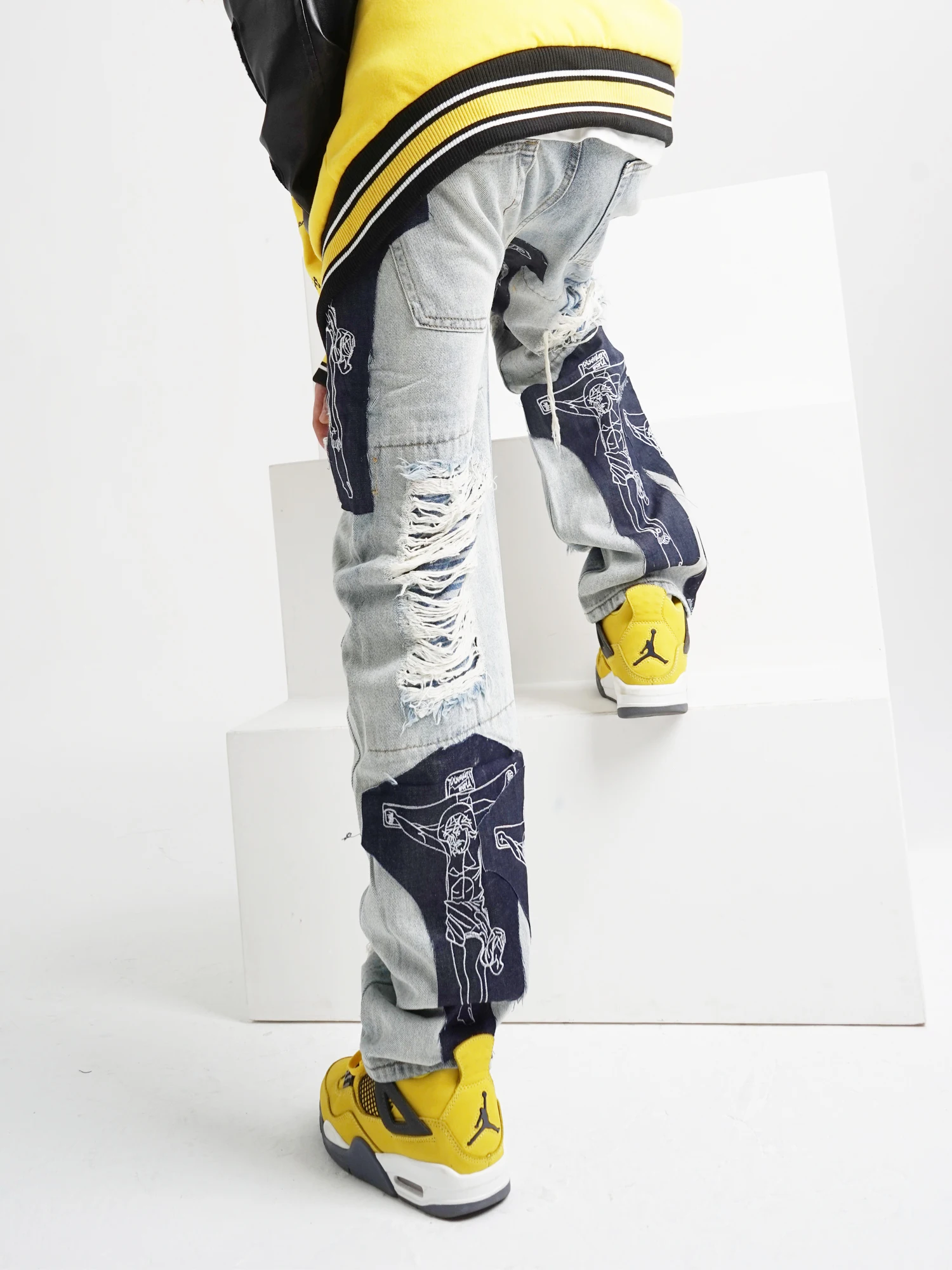 Men's Vintage Ripped Jeans Clothes Spring Y2K Fashion Trousers Cross Splicing Streetwear Straight Baggy Pants for Men Men Pants