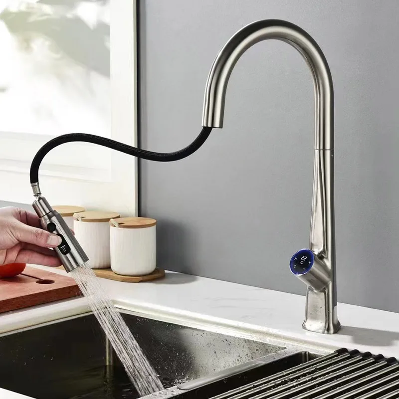 Матовый золотой умный сенсорный смеситель для кухни цифровой дисплей