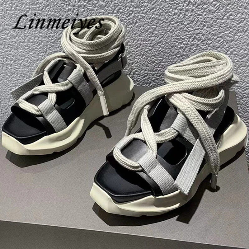 

Thick Sole Sandals Women Genuine Leather Black Cross Tied Sandalias Female Adjustable Strap Summer Platform Sandals Woman