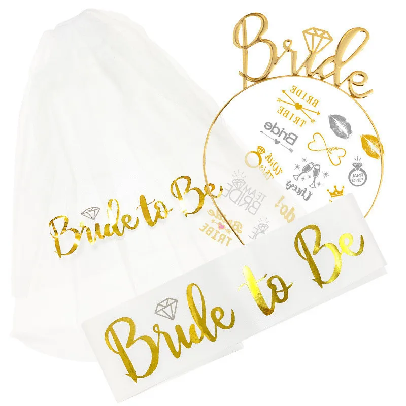 

1Set Gold Bride To Be Veil Satin Sash Hiarband Bridal Shower Wedding Decorations Tattoo Stickers Hen Bachelorette Party Supplies