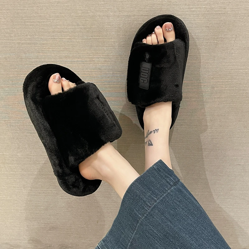 Comwarm Winter Fluffy Fur Slippers Women Fashion Plush Fuzzy Indoor Open Toe Flats Cotton Shoes Comfort House