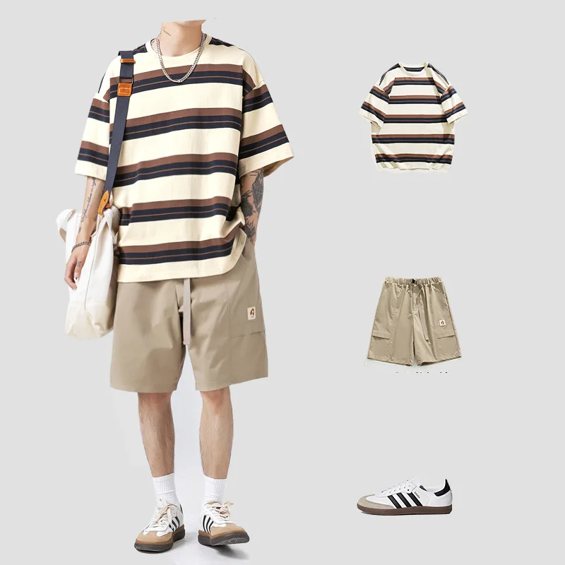 

Men Striped Contrast T-shirt Loose Casual Vintage Cotton Round Neck Short Sleeves