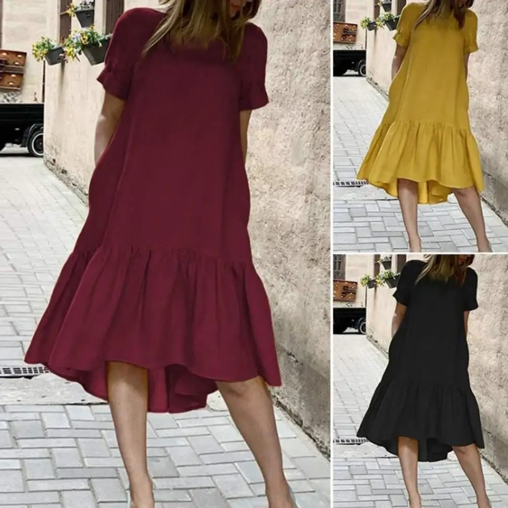 

Women Midi Dress Solid Color O Neck Short Sleeve Ruffle Big Hem Summer Dress for Women 2022 Daily Clothes Robe Femme été Vestido