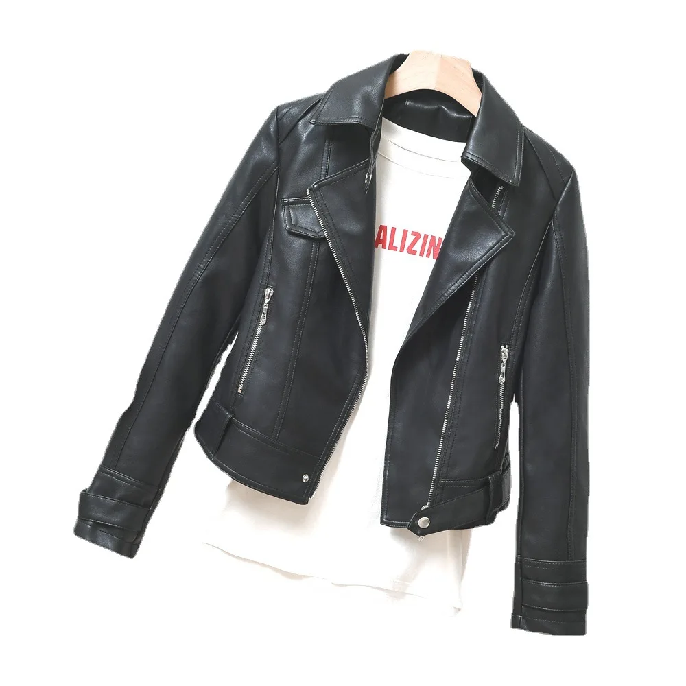 2023 autumn new handsome locomotive short small leather coat female slim-fit show slim top lapel leather jacket