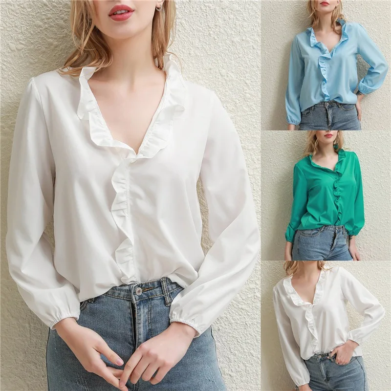 

Chic Chiffon Shirt Loose Tops Women Solid Color Layer Flounce V-neck Long Sleeve High Waist Pullover Shirt Slim Blouses New